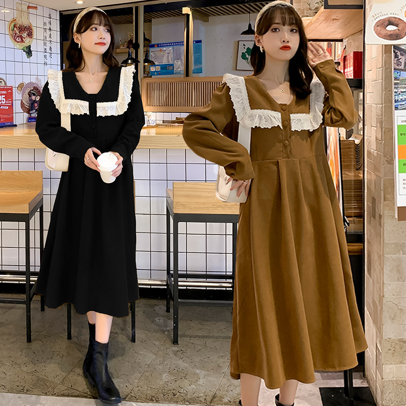 Pregnancy Woman Dress Spring Dress New Korean Version Long Version Long Sleeve Foreign Dress Large Size Easy To Slim Light Wick Suede Over Kneecap Skirt