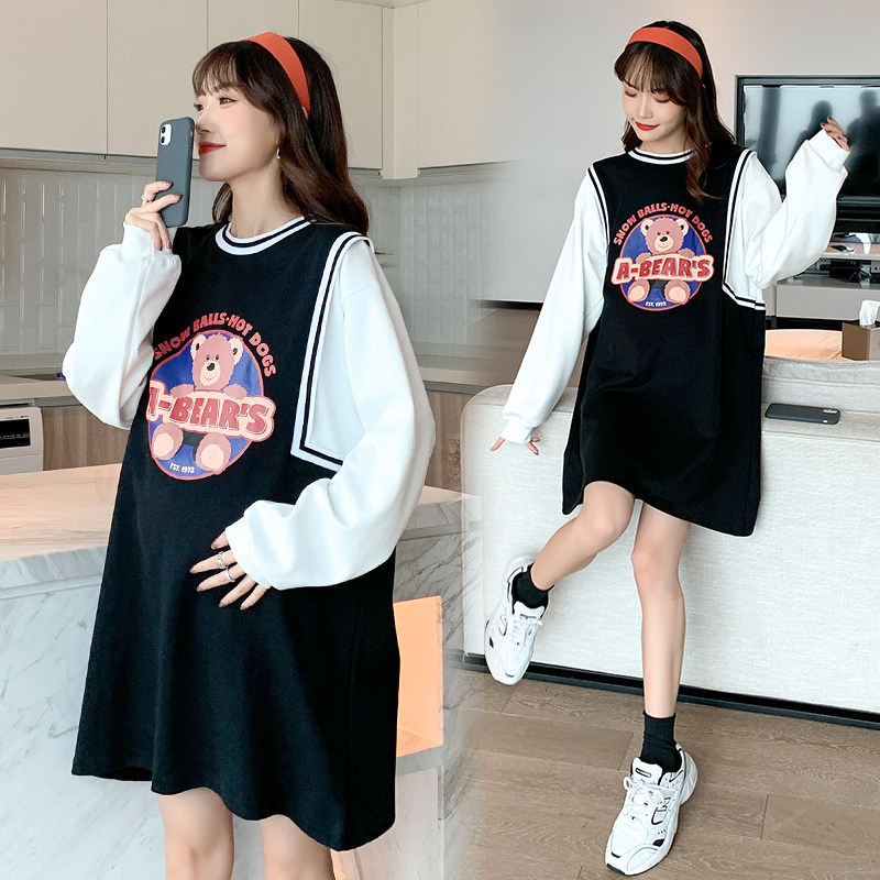 Pregnancy Woman Dress Spring Dress New Korean Version of the long version Fashion style Large size Sizes Spring Long Sleeves Splicing Thick T-shirt Dress