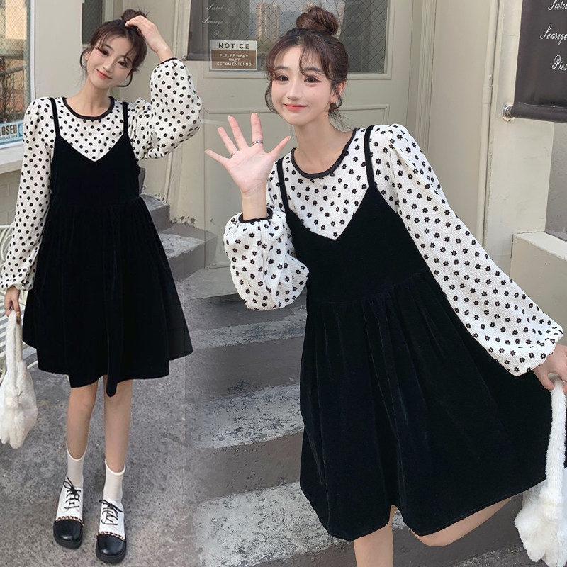 Pregnancy Woman Dress Spring Dress New Korean Version Dress Fashion Grand Scale Code Loose Slim Long Sleeve Pendant Strap Skirt Two-piece Style Suit