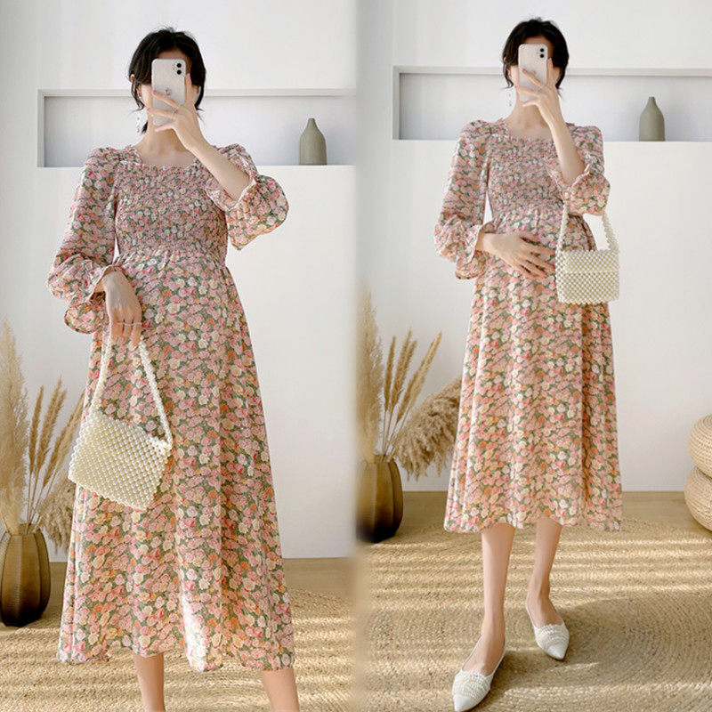 Spring and autumn loaded with new large size Gestational Dress Loot in Long Edition Slim Fit Slim Flowers Skirt Fat MM Elastic Long Dresses