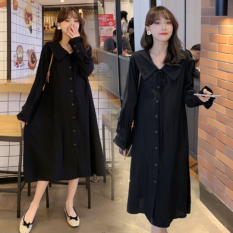 Pregnancy Woman Dress Spring Dress New Korean Version Long Version Long Sleeve Foreign Dress Loose Fashion Pure Color Doll Collar Shirt Skirt