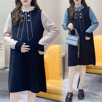 Autumn Winter Dress New Korean Version of Pregnancy Maternity Dress Loose with Dress Fake two-Knitted Sweatshirt With a Gestured Undershirt