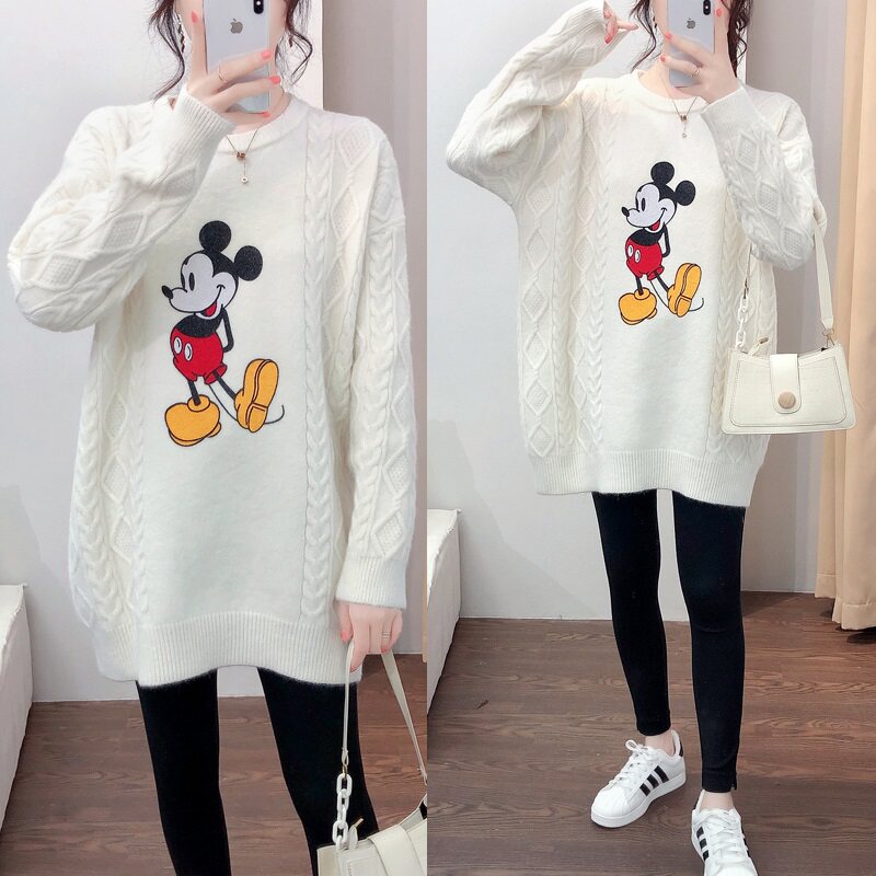 Autumn Winter Dress New Korean Version Large Size Gestation Maternity Dress Loose Medium Long Version Sweater Cartoon Long Sleeve Needle Weaselwear Dress