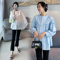 Pregnancy Woman Dress Spring Dress New Korean Version Long Sleeve Shirt Woman Pregnant with a button-down shirt with undershirt lining outside the long sleeves