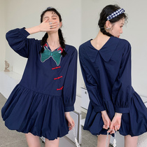 Plus Fattening Yard 200 catty Pregnancy Woman Dress Spring Dress New Korean Version Dress Sweet butterfly knot Long sleeves Bottom Skirt