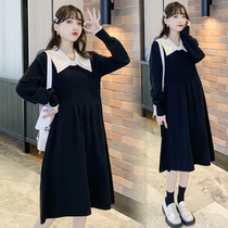 Autumn Winter Dress New Korean Version Large Code Gestation Woman Dress Thickening Tandem Dress Foreign Air Butterfly Knot Sweater Net Red Suit Tide