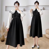 Pregnancy Woman Dress Spring Dress New Korean Version Long Sleeve Dress Doll Collar Over Knee High Waist Casual Temperament Long Skirt