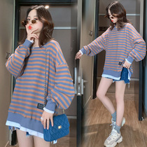 2020 Autumn Winter Dress New Korean Version Loose two striped sweatshirt Fat MM Long sleeves Jacket Foreign Air Strike