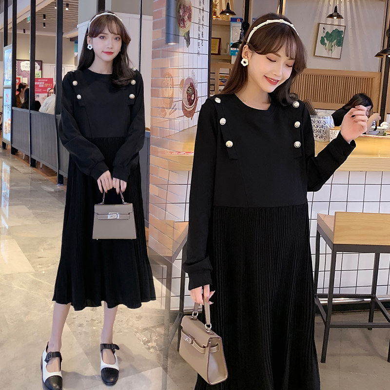 Pregnancy Woman Dress Spring Dress New Korean Version Medium Long Version 100 Pleats Dress Dresses Large Size Easy to Lean Long Sleeves Bottom Skirt Tide