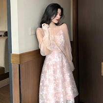 Sandro asw autumn new French bellflower mesh stitching net red fairy dress super fairy chiffon dress female