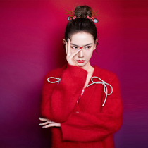 Sandro asw star Qi Wei same knitted cardigan jacket casual loose red bow sweater wear