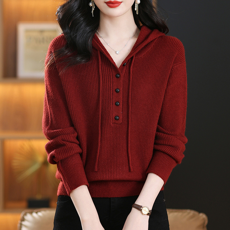 Casual Hooded Cashmere Knit Sweatshirt for Women, 2025 Autumn and Winter New Style, Loose Fit, Plus Size, Age-Reducing, Thickened Base Sweater