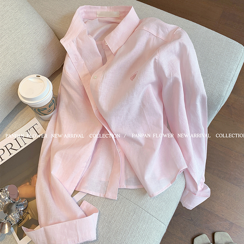 Korean-Style Simple Heart Embroidery Pink Shirt Top for Women, Spring 2026 New Slim-Fit Casual Petite Shirt Korean-Style Simple Heart Embroidery Pink Shirt Top for Women, Spring 2026 New Slim-Fit Casual Petite Shirt