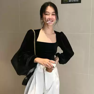 Ghost horse girl Korean style chic French court style retro temperament Western style Square collar bubble sleeve velvet shirt top