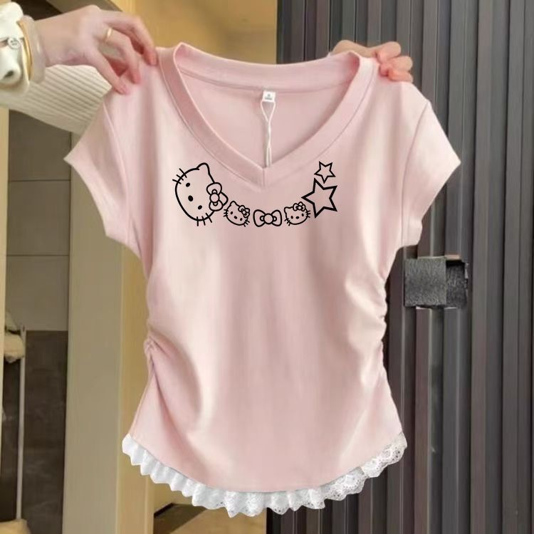 Light Pink V-Neck Short-Sleeved T-Shirt for Women, New Summer Style, Pleated Short Hem, Lace Splicing, Dopamine Outfit Top