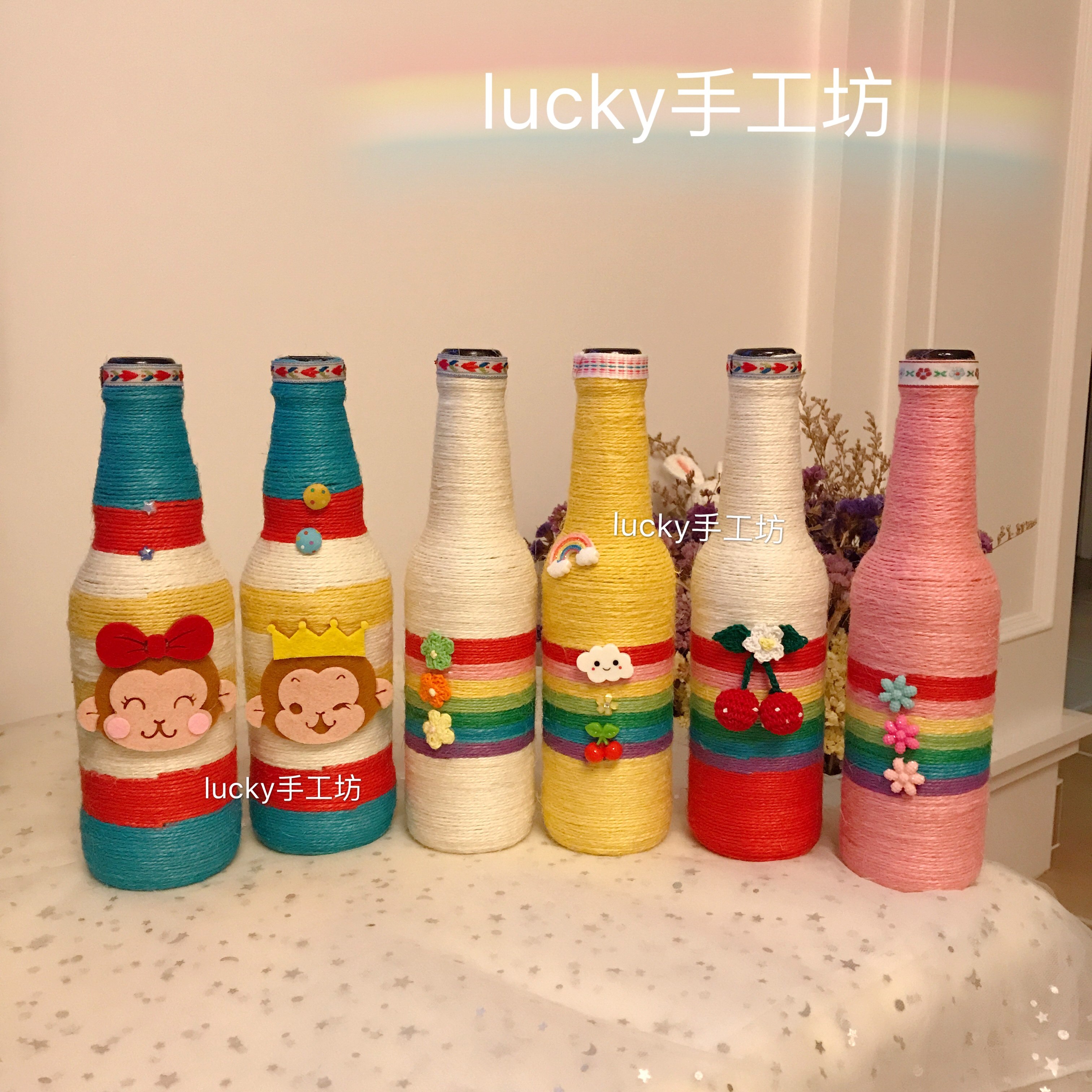Beer bottle old things transformed into hemp rope DIY cartoon vase turning waste into treasure creative handmade kindergarten decoration
