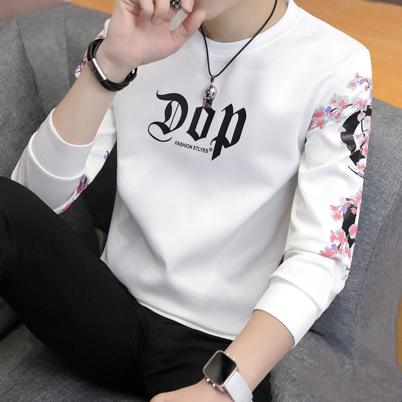 Men's long sleeves T-shirt 2022 new spring and autumn season tide sign round neckline thick cotton T pure cotton printed high-end undershirt
