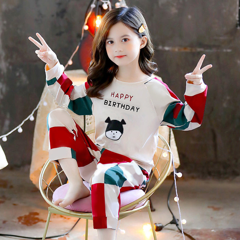 Girl's pajamas Children Spring and Autumn Cotton long sleeve thin household clothing girl in the big child cartoon parent-child suit
