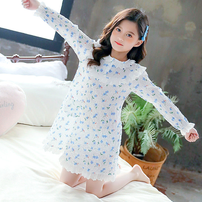 Girls night Dress 2021 spring cotton Children's pajamas Cute baby little girl summer thin lace home dress