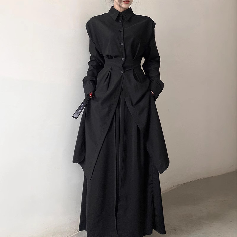 【Two-Piece Set】Unique Trench Coat Shirt for Men and Women, Yamamoto Style with Slits, Waist-Cinching Wide-Leg Pants, Long Shirt Dress, Slimming Effect 【Two-Piece Set】Unique Trench Coat Shirt for Men and Women, Yamamoto Style with Slits, Waist-Cinching Wide-Leg Pants, Long Shirt Dress, Slimming Effect
