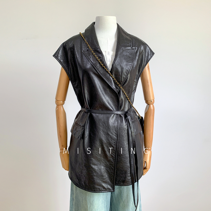 Cold-Extracted Oil Wax Genuine Leather Jacket for Women, V-Neck, Waist-Cinching, Lace-Up, Mid-Length, Slim-Fit, Slimming Vest Leather Coat