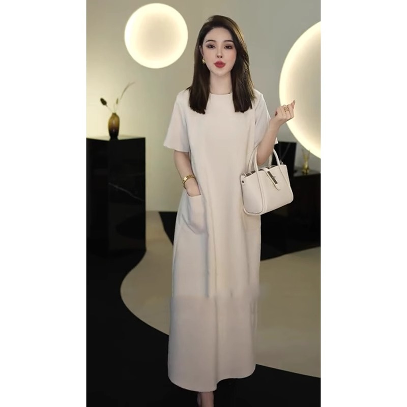 Light Luxury, High-End, Loose-Fitting, Flesh-Covering Short-Sleeved Solid Color Straight Skirt 2025, Elegant and Slimming Dress, Summer Mid-Length Skirt