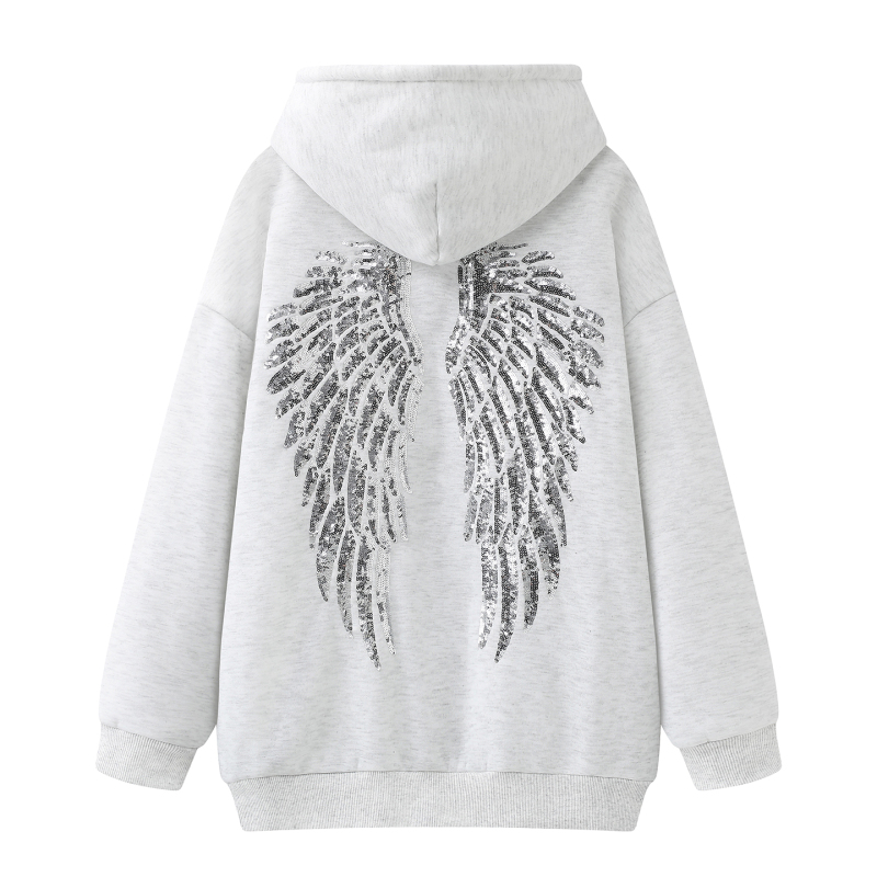 Wu Xuan Yi K-Baby Style Fleece-Lined Sweatshirt 2026 Early Spring New Women's Clothing Wing Sequin Loose Hoodie Top