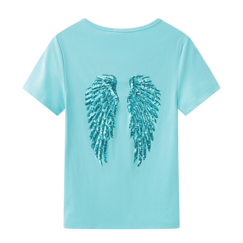 Svbdvodt-Shirt 2026 Summer New Women's Cotton Round Neck Sequin Wing Decoration Slim Fit Regular Shoulder Short Sleeves Svbdvodt-Shirt 2026 Summer New Women's Cotton Round Neck Sequin Wing Decoration Slim Fit Regular Shoulder Short Sleeves