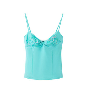 Svbdvod Hot Girl Handmade Beaded V-Neck Camisole Women's Summer Slim-Fit Spaghetti Strap Green Short Top for Outerwear