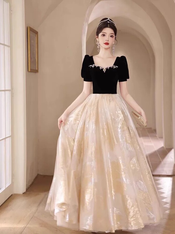 Plus-Size Black Evening Dress for Women, High-End Host Banquet Birthday Light Luxury Niche Piano Performance Dress, Coming-Of-Age Ceremony Dress