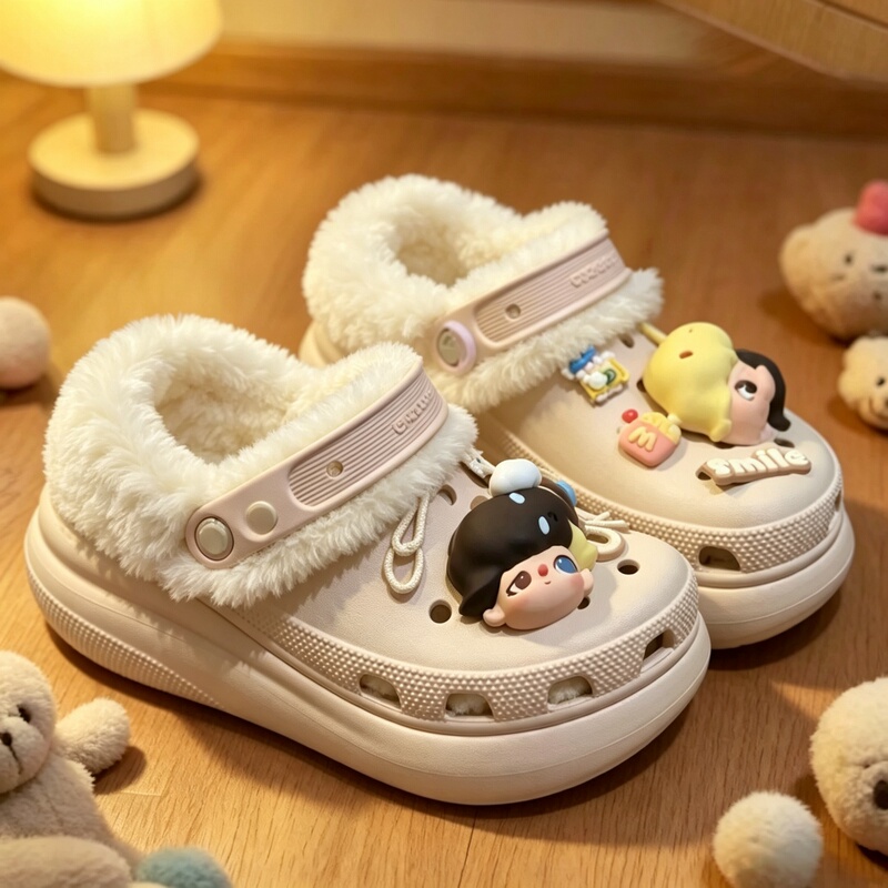 Plush-Lined Clogs with Cotton Lining Suitable for Cloud Snow House Puff Crocs, Winter Warm Shoe Covers