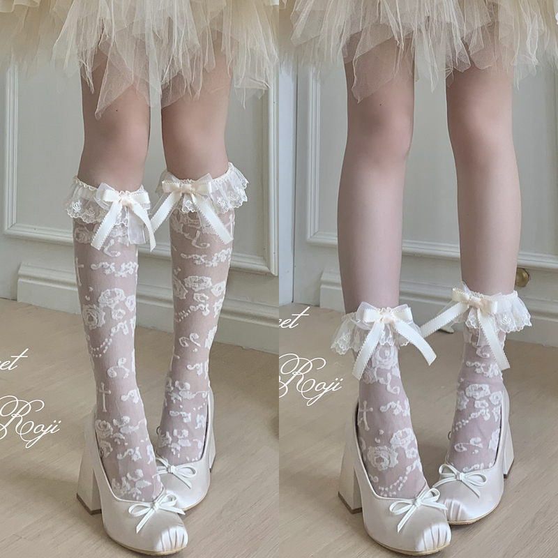 Roji Original Entwined Rose Lolita Socks for Women, Summer Mid-Calf Glass Silk Ultra-Thin Japanese Lace Short Socks Lolita Roji Original Entwined Rose Lolita Socks for Women, Summer Mid-Calf Glass Silk Ultra-Thin Japanese Lace Short Socks Lolita