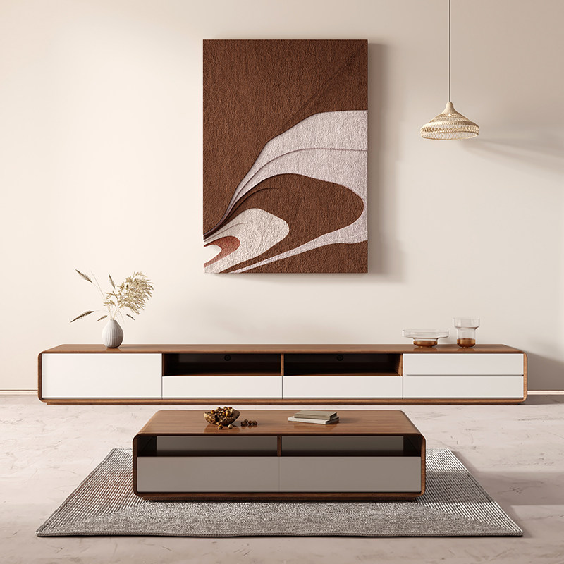Nordic tea table TV cabinet original wood color small family style living room modern minimalist walnuts TV cabinet ground cabinet combination