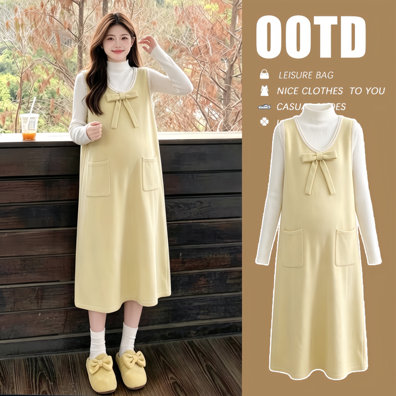 Gentle Korean-Style Bowknot Vest Maternity Dress and Base Shirt Two-Piece Set for Spring and Autumn Layering, Slimming Maternity Outfit Gentle Korean-Style Bowknot Vest Maternity Dress and Base Shirt Two-Piece Set for Spring and Autumn Layering, Slimming Maternity Outfit