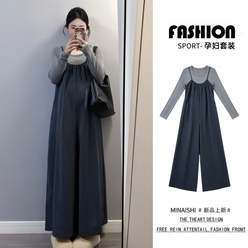 Maternity Wear Autumn Set, Retro Striped Casual Suspenders, Wide-Leg Pants, Base Shirt, Korean-Style Maternity Wear That Doesn'T Show Pregnancy during Pregnancy Maternity Wear Autumn Set, Retro Striped Casual Suspenders, Wide-Leg Pants, Base Shirt, Korean-Style Maternity Wear That Doesn'T Show Pregnancy during Pregnancy