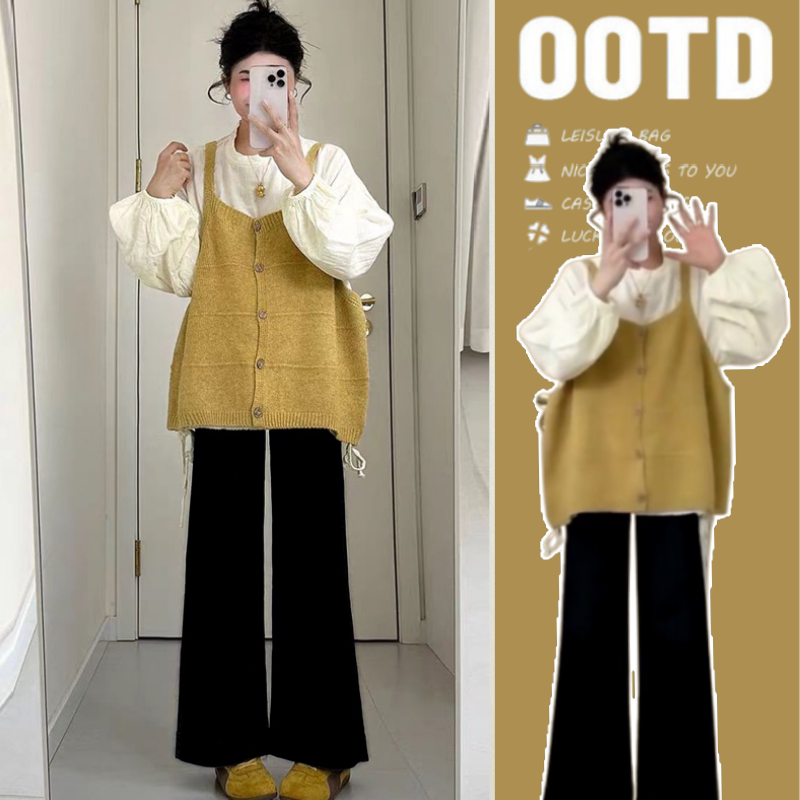 Maternity Wear Spring Style Pregnancy Outfit Fashionable Knitted Vest Long-Sleeved Wide-Leg Pants Three-Piece Set Maternity Wear 2026 New Style
