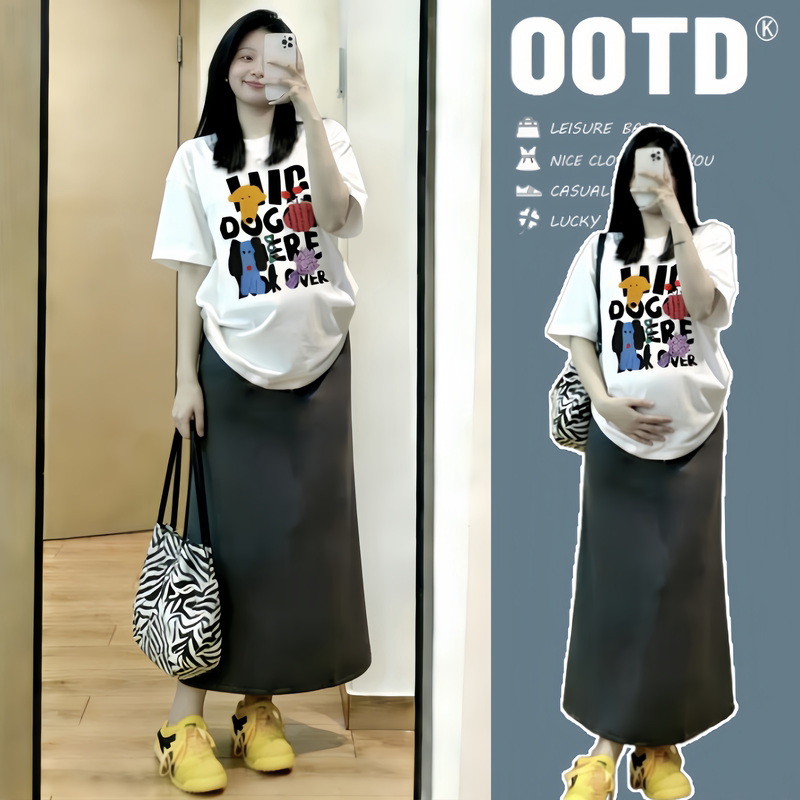 Maternity Suit Summer Korean Style Casual Fashion Trendy Loose Belly-Covering Top Maternity Skirt Two-Piece Set