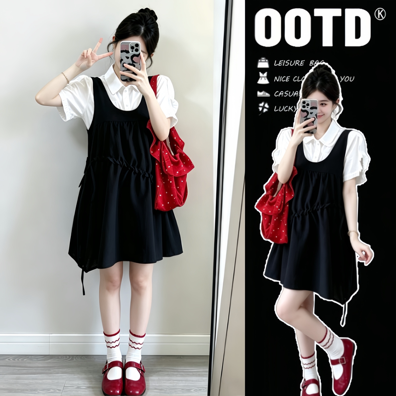 Maternity Dress Summer 2026 New Style for Pregnant Moms, French-Style Outfit for Petite Women, White Shirt and Drawstring Dress Two-Piece Set