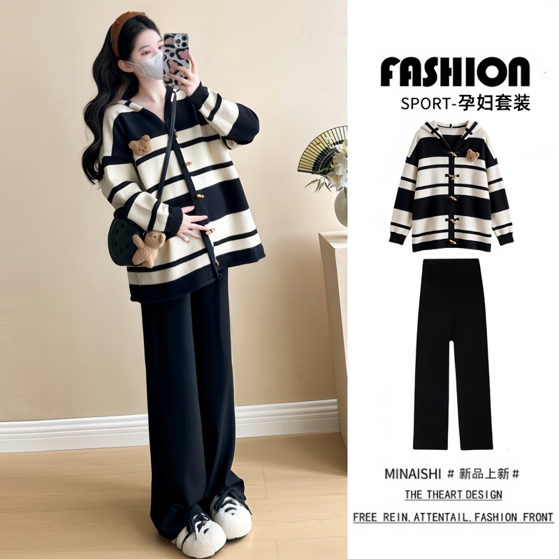 Pregnant Women Wear a Complete Set of Long-Sleeved Striped Knitted Thickened Jackets to Cover Their Belly, Wide-Leg Pants, Maternity Suits for Autumn and Winter