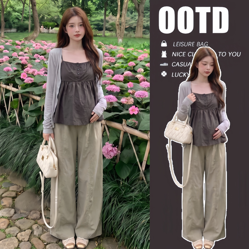Maternity Wear Autumn Set Korean Style Casual Fashion Suspender Top Cardigan Wide-Leg Pants Three-Piece Set Stylish Maternity Outfit That Doesn'T Show Pregnancy Maternity Wear Autumn Set Korean Style Casual Fashion Suspender Top Cardigan Wide-Leg Pants Three-Piece Set Stylish Maternity Outfit That Doesn'T Show Pregnancy