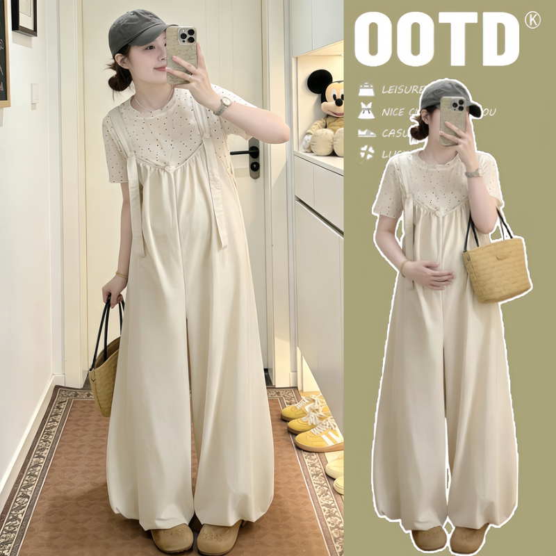 Maternity Suit Summer Korean Style Casual Cotton and Linen Lantern Overalls + Polka Dot Top That Doesn'T Show Pregnancy, Stylish Maternity Wear
