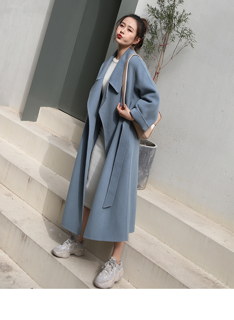 Áo khoác cashmere nữ hai mặt màu xanh khói - Accentuated eo áo áo dạ kẻ caro dáng dài