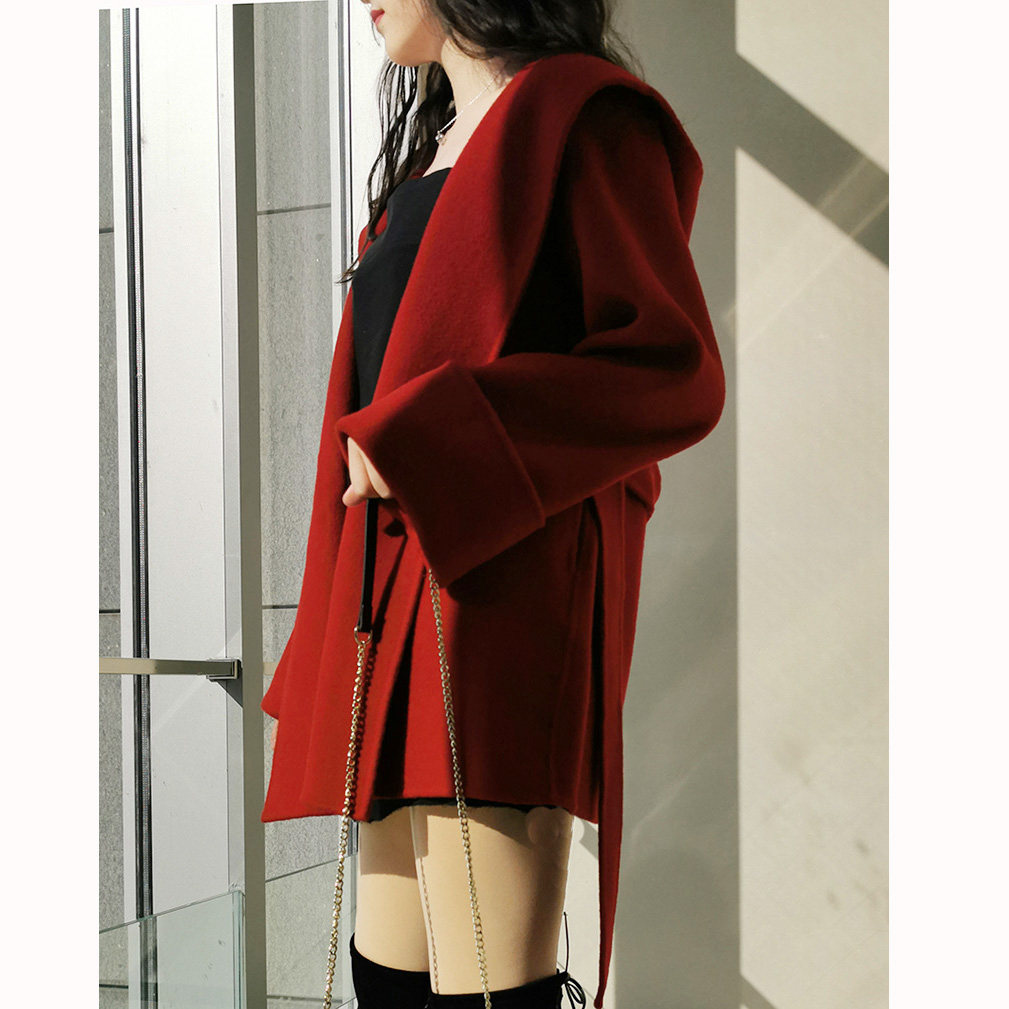 Red double-sided cashmere big coat woman little sublielian cap short 2021 new Ben life Mao jacket wedding