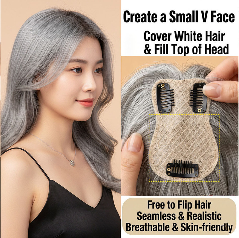 Mesice Hair Extension for Women, Real Hair Straight Hairpiece, Natural Gray, Fluffy, High Crown, Seamless Hair Extensions