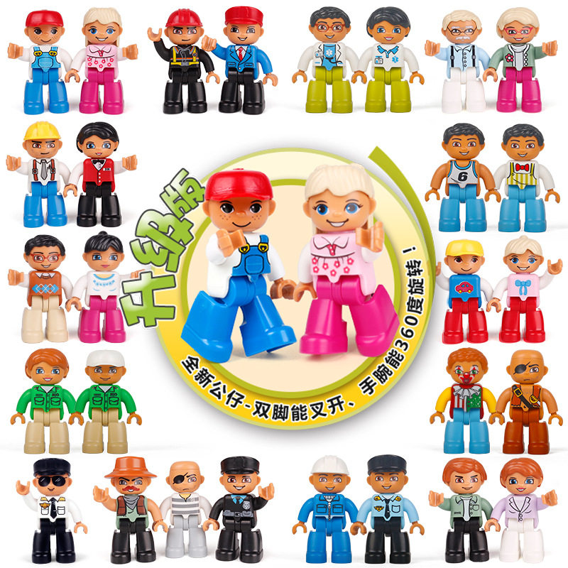 People with large particles assembling blocks figures role of dolls boys and girls baby children puzzle toys