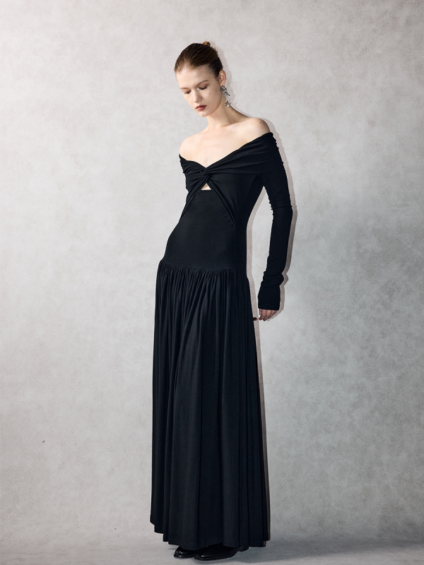 Clusterone Ballet Style Lazy and Elegant Slimming Off-Shoulder New Black Slim-Fit Dress