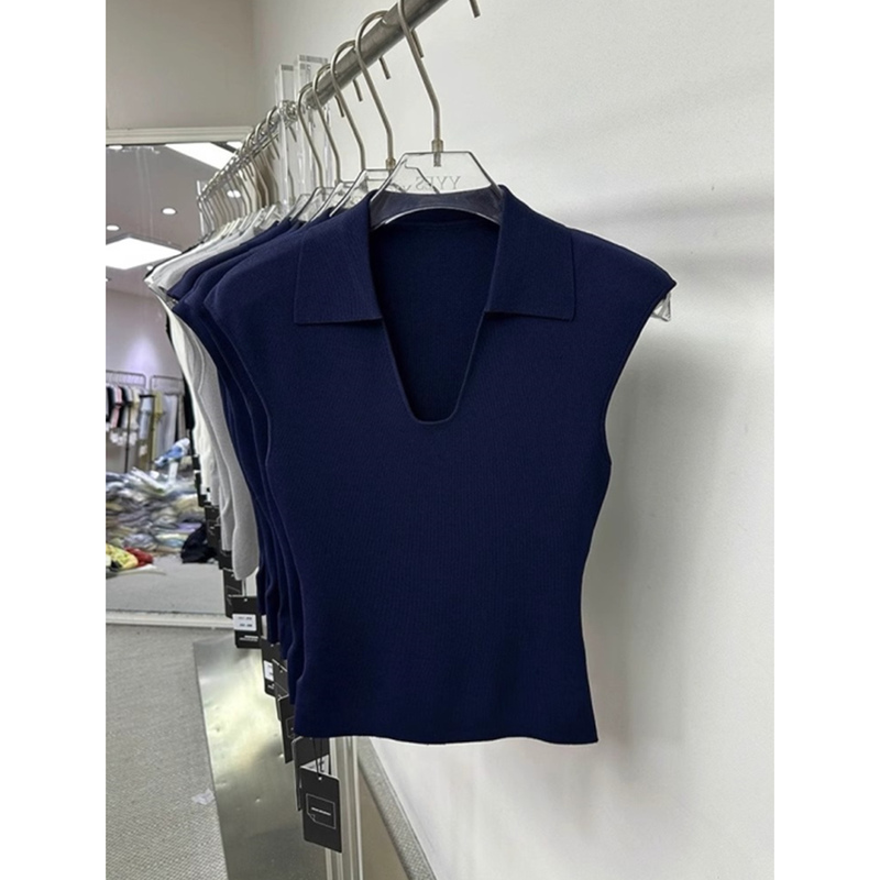 European Style New Navy Blue Polo Collar Knitted Vest for Women, Summer Elegant Slim Fit Sleeveless Top