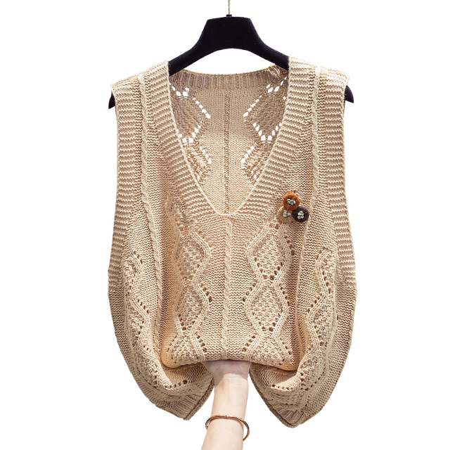 Cotton and linen v-neck knitted vest hollow sweater waistcoat