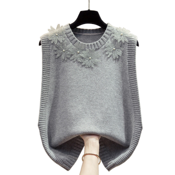Beaded knitted vest women's round neck sweater waistcoat