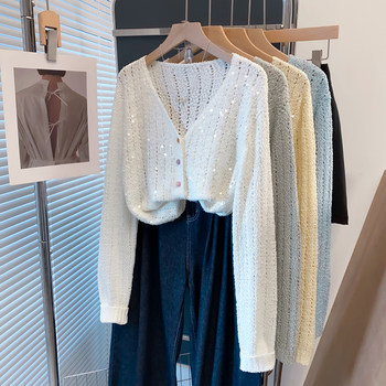 Floral sequin v-neck sweater jacket women's knitted cardigan